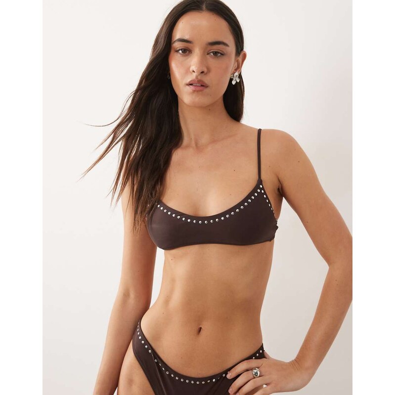 Mango button trim bikini top in brown