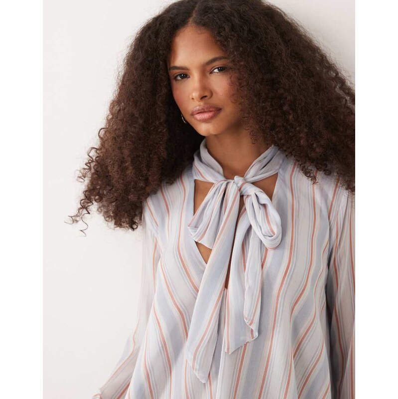 Mango long sleeve flowy blouse in blue and pink stripe 115403183