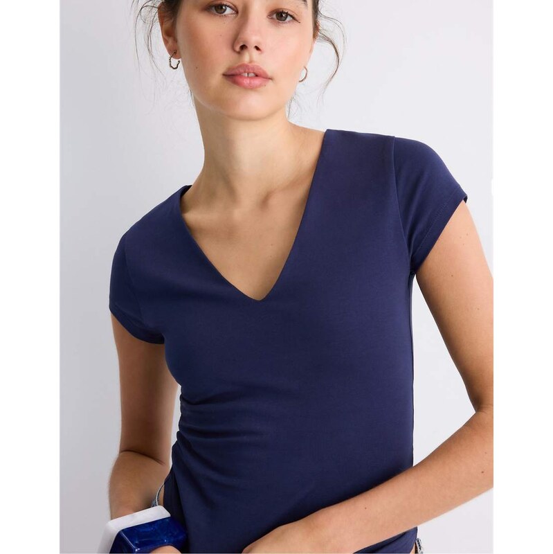 Stradivarius V-neck short sleeve t-shirt in navy blue