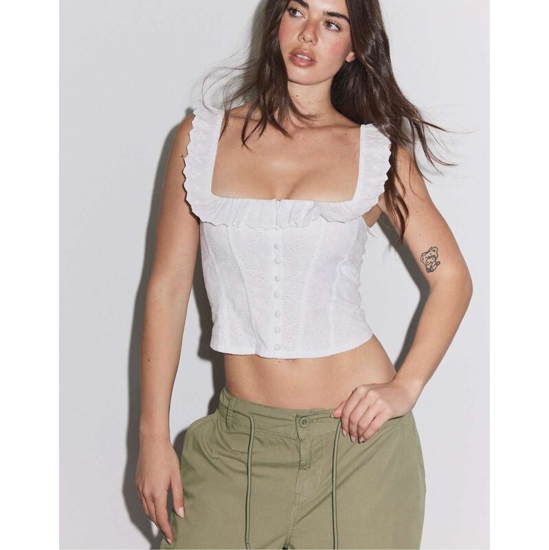 Stradivarius Corsetry-inspired swiss embroidery top in ecru-White 115403234