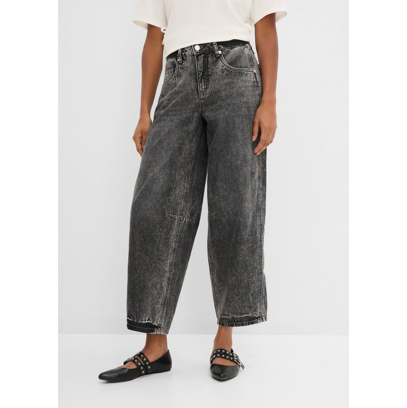 bonprix Balónové džíny Mid Waist, Super Soft, zkrácené šedá Žena
