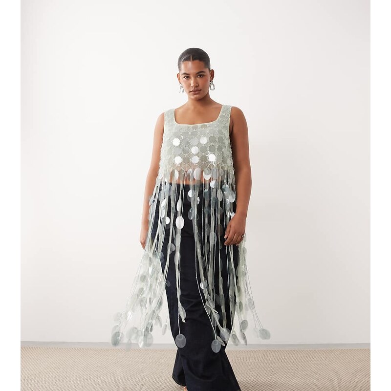 ARRANGE Curve futurist sequin crop top with long 3D fringe hem