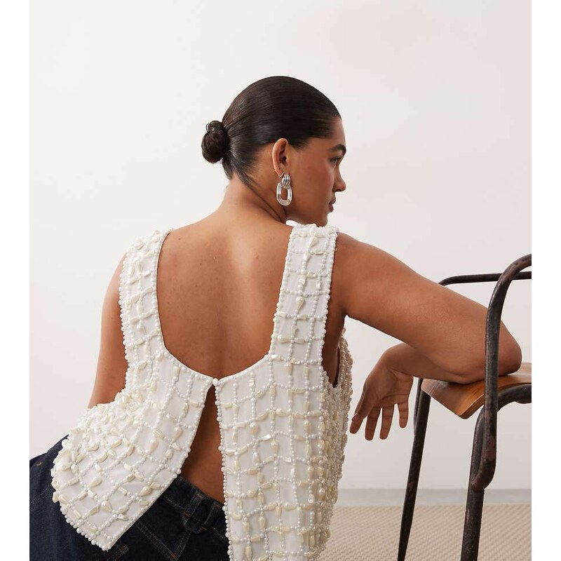 ARRANGE Curve pearl embellished top in ivory-White 115406964