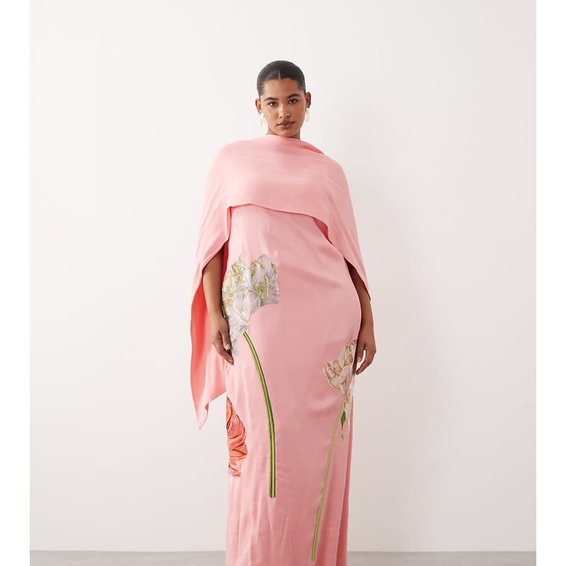 ARRANGE Curve floral embroidered satin overlay maxi dress in