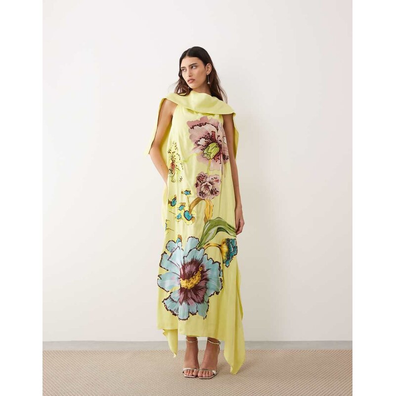 ARRANGE large botanical floral high neck satin drape maxi dress