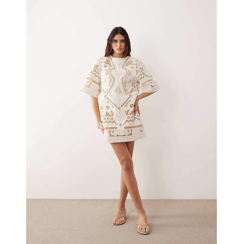 ARRANGE cutwork embroidered mini dress in cream-White