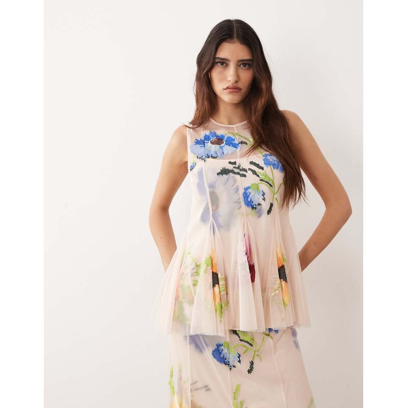 ARRANGE pleated embroidered floral top co-ord in pink 115406976