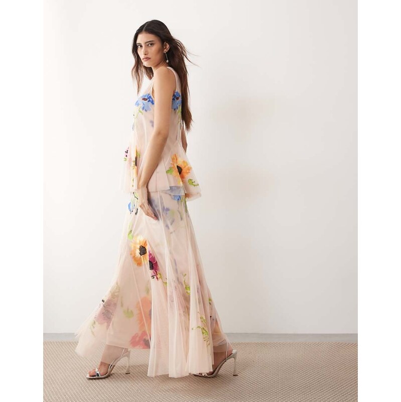 ARRANGE embroidered floral pleated maxi skirt co-ord in pink
