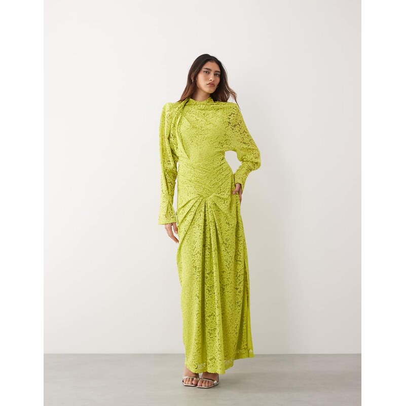 ARRANGE high neck ruched cinched waist lace maxi dress in lime