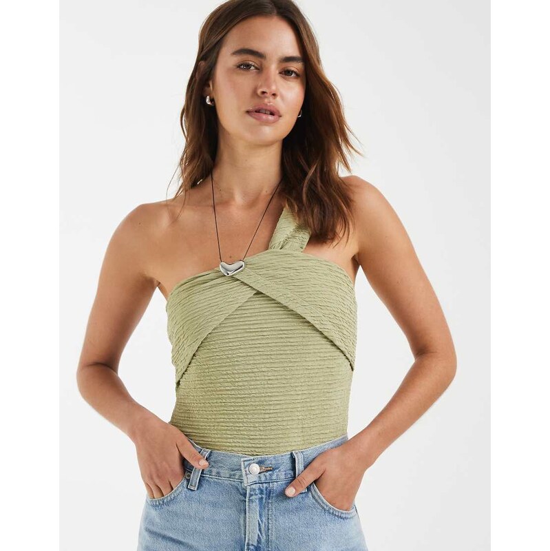 Bronze Snake Chantal one shoulder bodysuit in matcha green