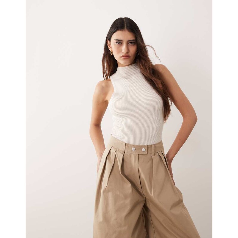 ARRANGE soft knit rib longline racer bodysuit in cream-White