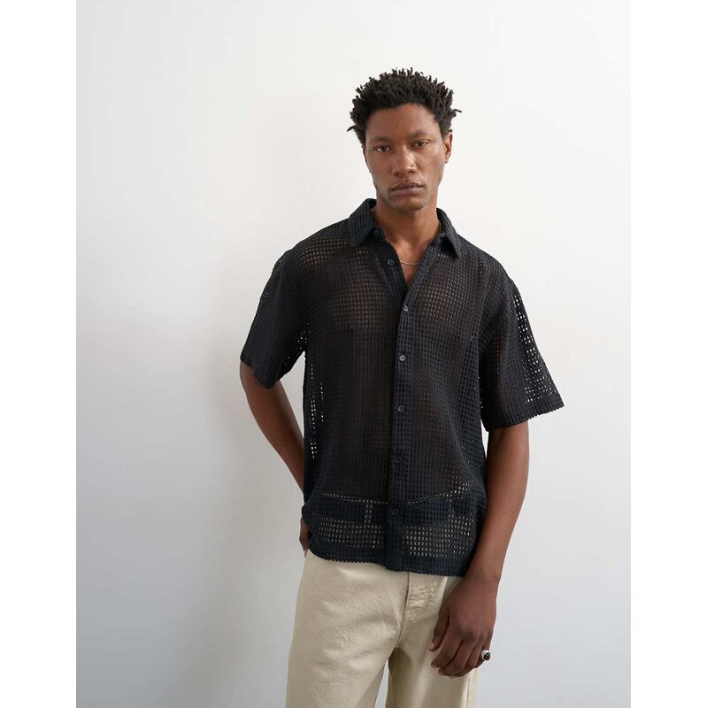 Topman relaxed fit short sleeve woven mesh shirt in black