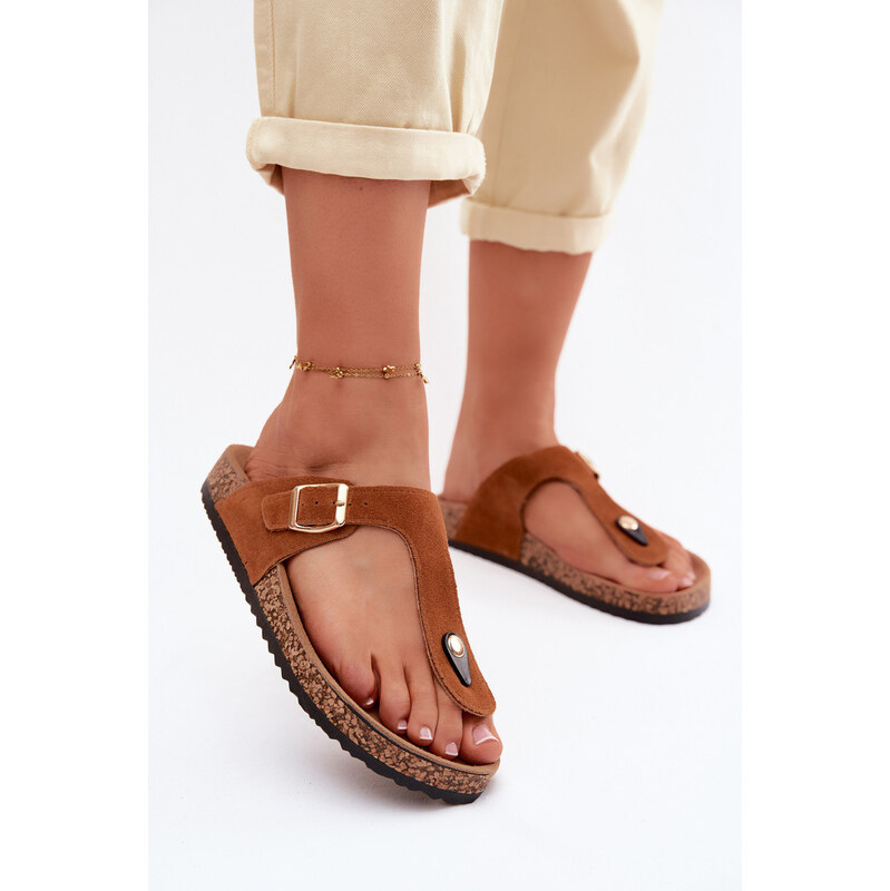 Boto Kožené semišové žabky s zlatým přezkou Camel Honey 115406240