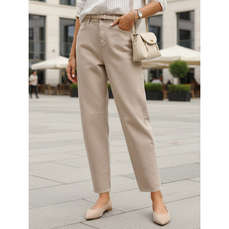 FashionStreet Dámské džíny balonového střihu s vysokým pasem, béžové 115406289