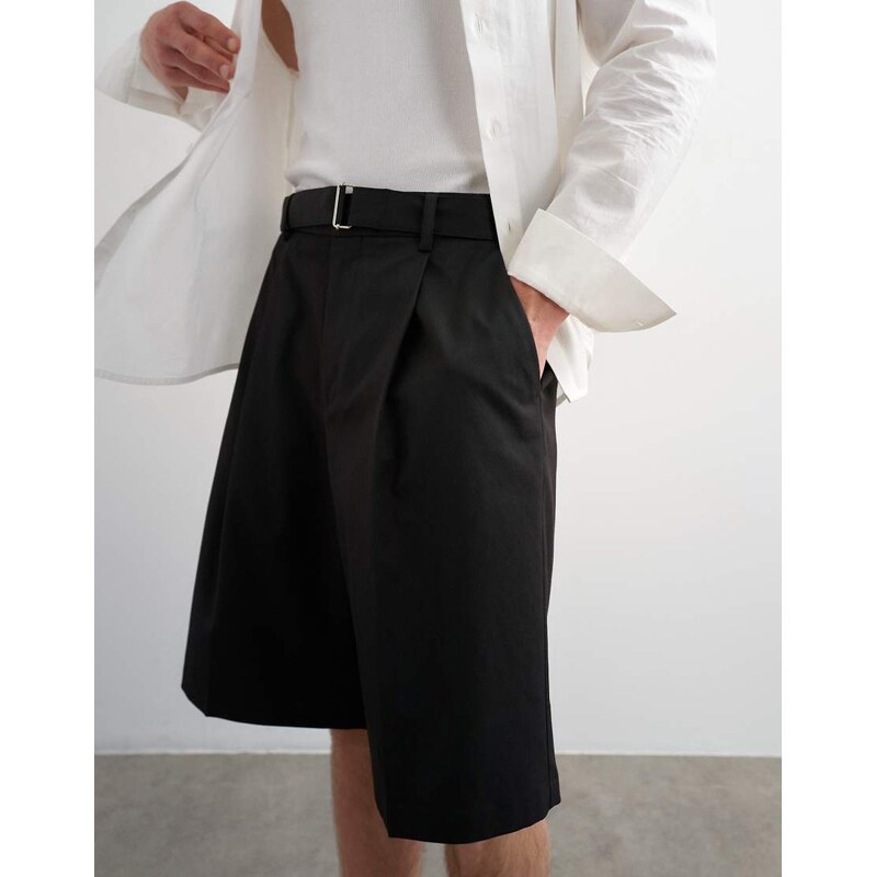 Topman wide leg belted twill short in black