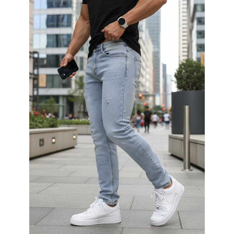 Pánské džíny slim fit střihu s odřením světle modré
