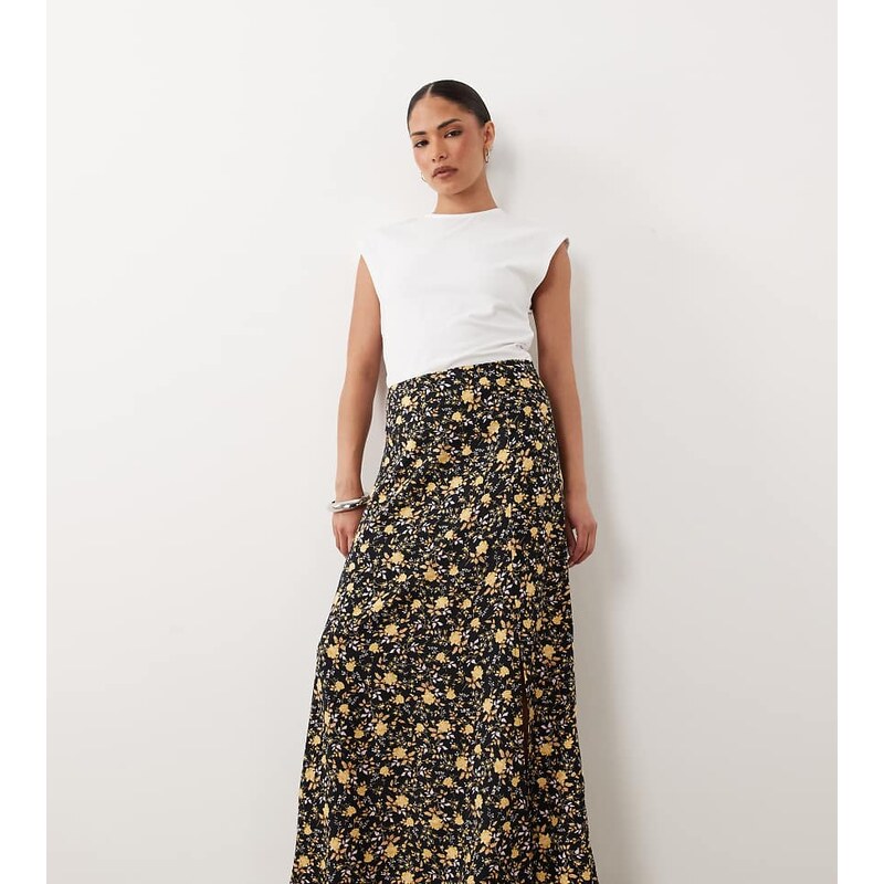 Miss Selfridge petite spun bias maxi skirt in brown floral-Multi