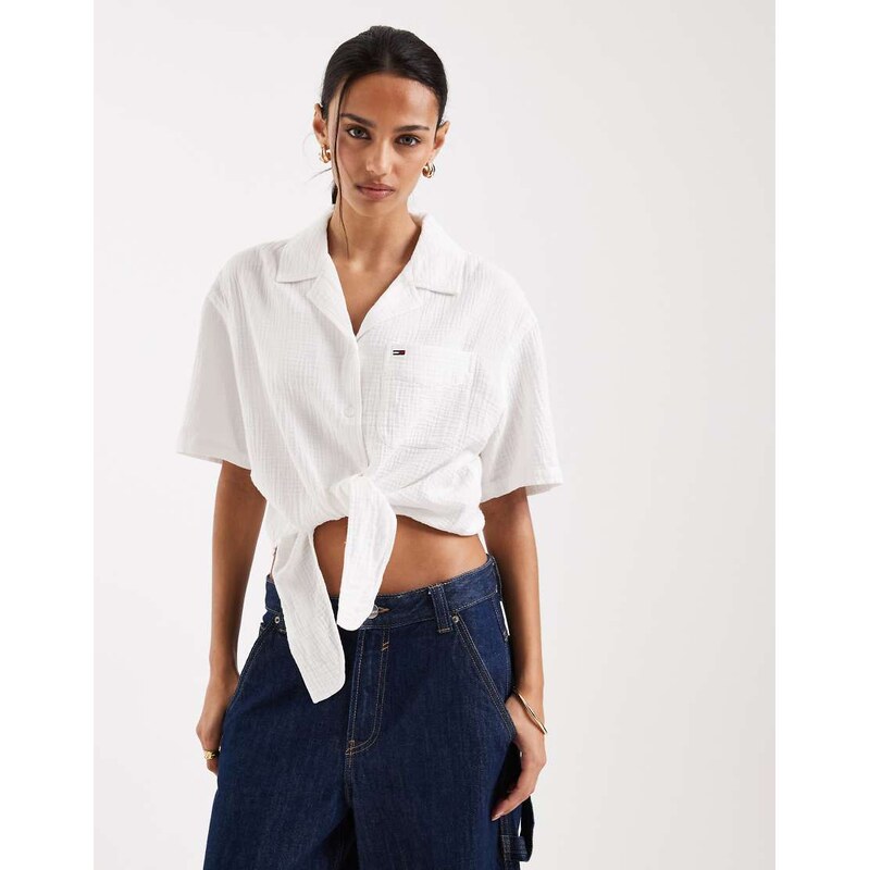 Tommy Jeans textured tie front short sleeve shirt in white