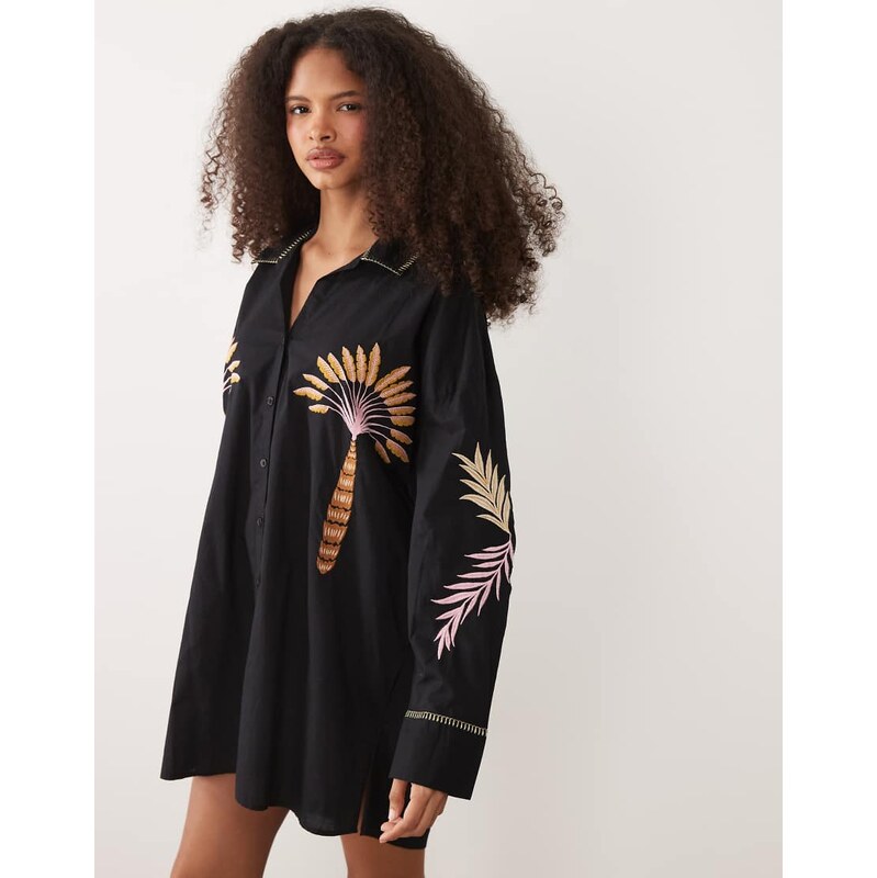 Never Fully Dressed embroidered palm longline beach shirt cover up in 115589833