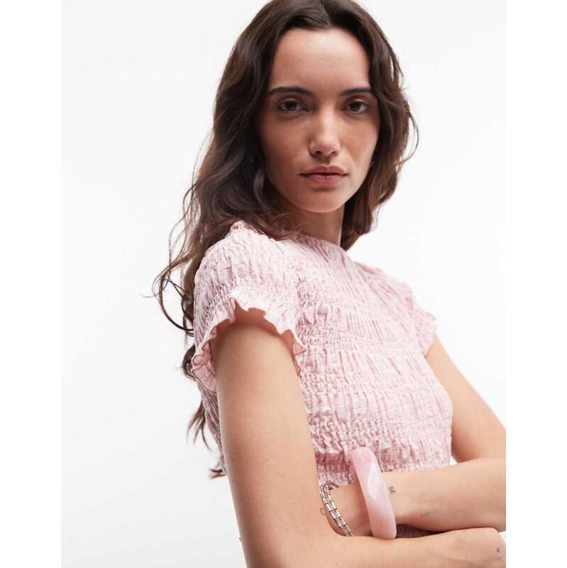 Daisy Street shirred short sleeve top in mix pink check 115409222