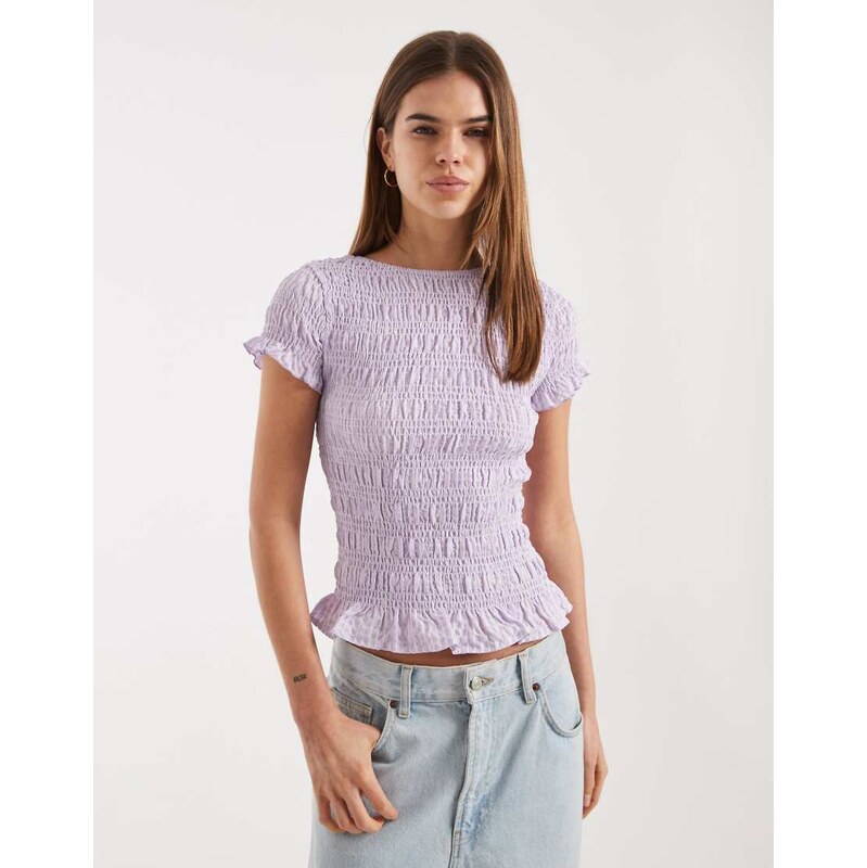 Daisy Street shirred short sleeve top in purple stripe-Pink 115407024