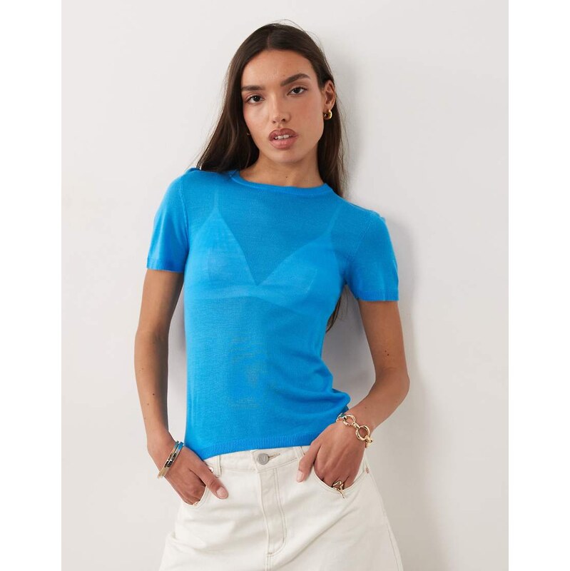 ASOS DESIGN sheer knitted second skin t-shirt in blue