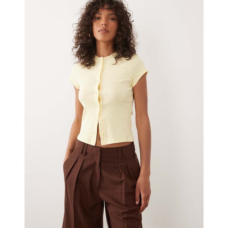 Miss Selfridge short sleeve ribbed button through top in yellow