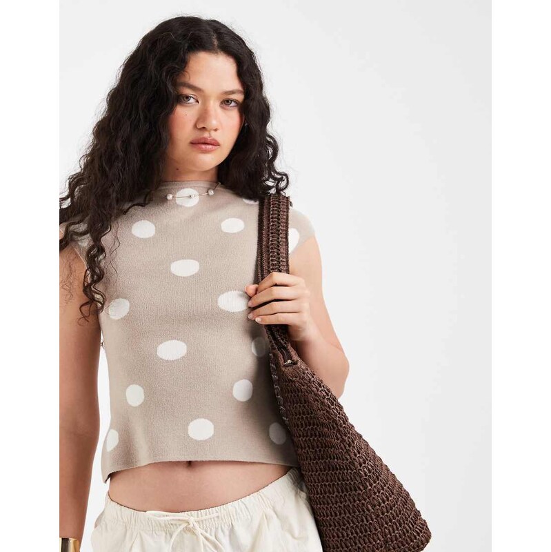 ASOS DESIGN fine knit slash neck top in stone polka dot-Multi