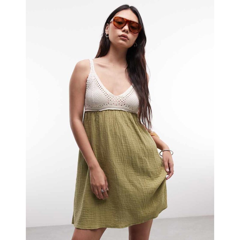 Reclaimed Vintage crochet summer dress in olive and cream-Green 115422561