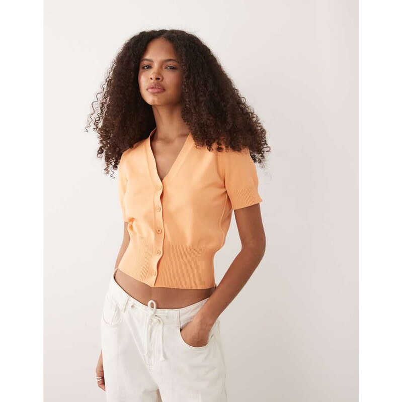 ASOS DESIGN fine knit v neck cardigan in peach-Orange