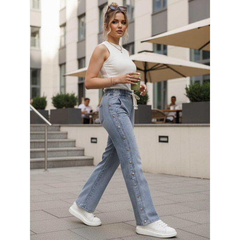 BASIC Dámské džíny wide leg se stahováním modré Modrá 115406873