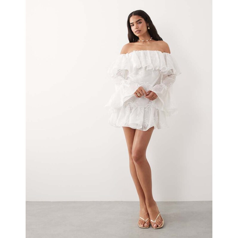 ASOS LUXE bardot embroidered palm tree mini dress in cream-White 115409132