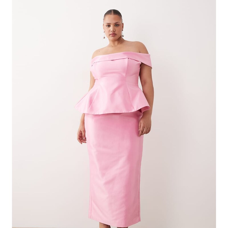 ARRANGE Curve structured off the shoulder satin maxi dress in