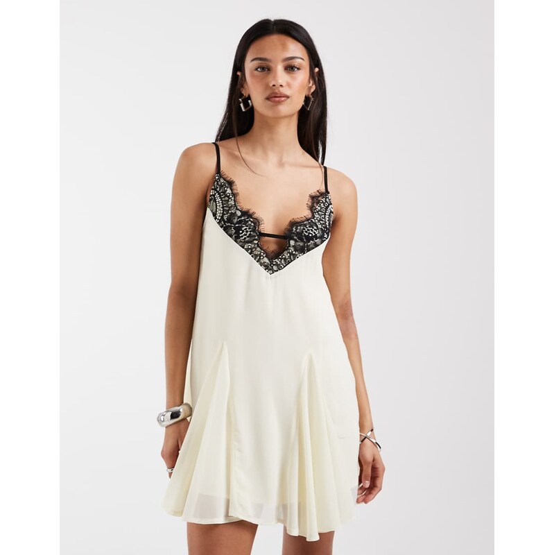 Bronze Snake Gia lace detail flutter mini dress in beige-Neutral 115409211
