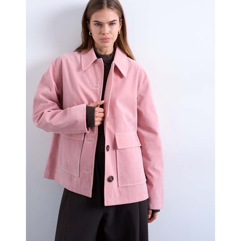 Topshop faux suede patch pocket boxy jacket in pink 115409021