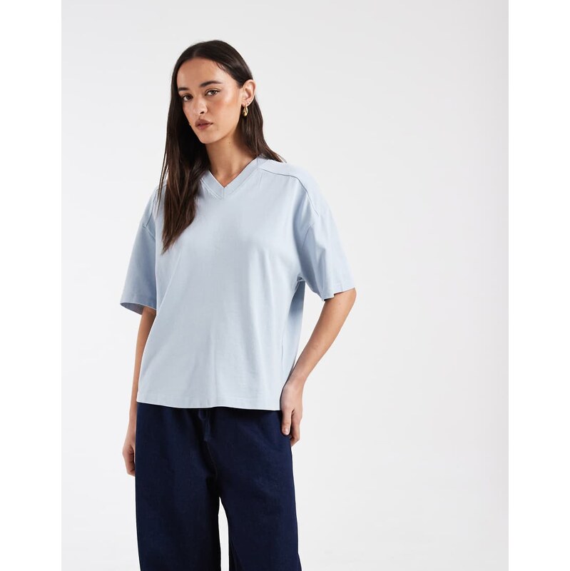 ASOS DESIGN regular fit v neck detail tee in washed blue