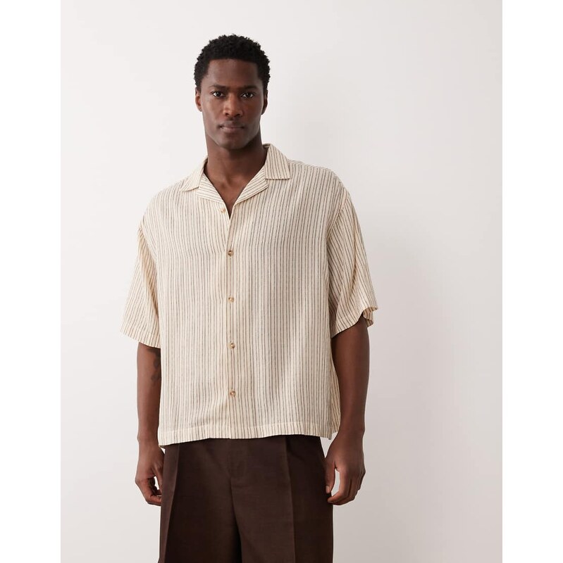 ASOS DESIGN boxy oversized revere stripe shirt in beige-Neutral
