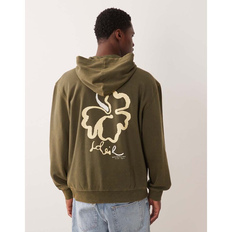 ASOS DESIGN relaxed hoodie with floral print in washed khaki-Green
