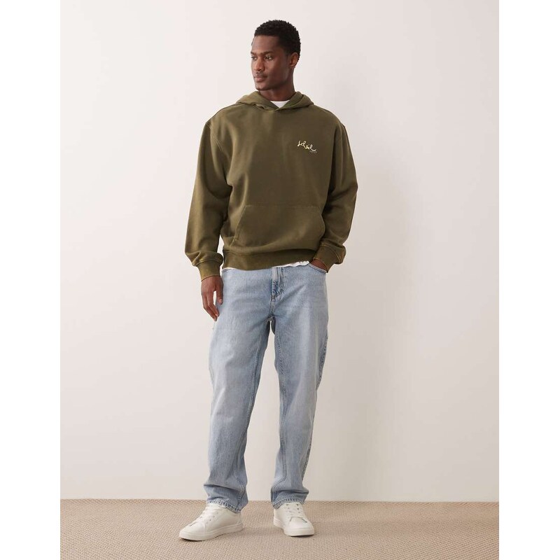 ASOS DESIGN relaxed hoodie with floral print in washed khaki-Green