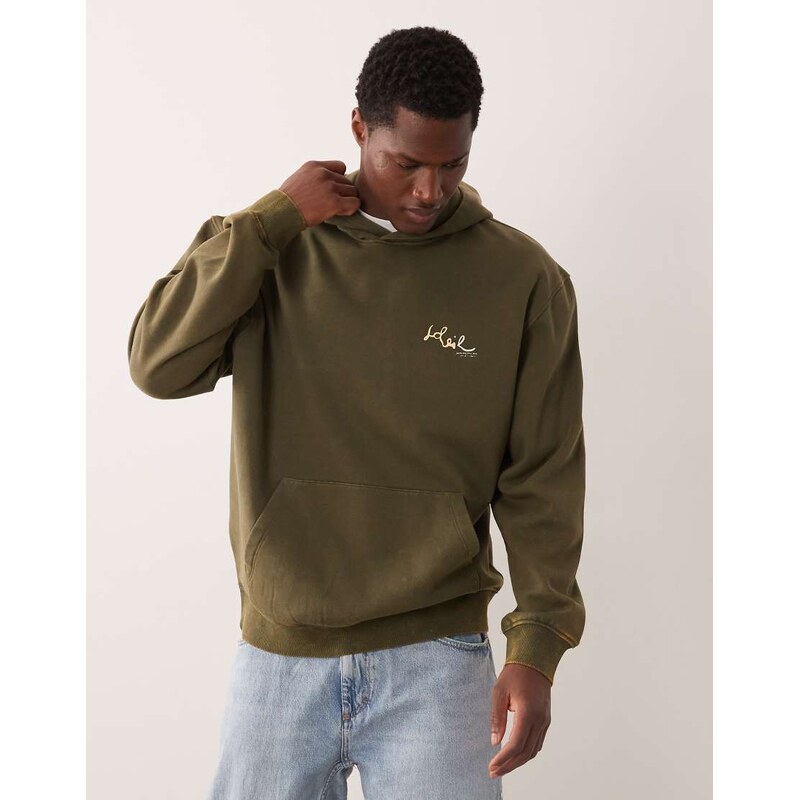 ASOS DESIGN relaxed hoodie with floral print in washed khaki-Green