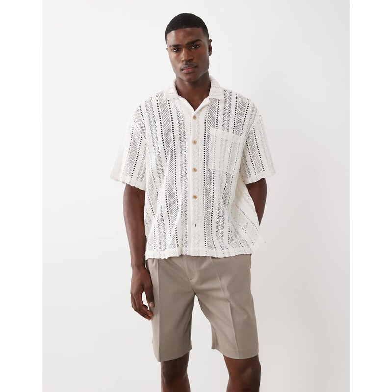 ASOS DESIGN oversized crochet revere shirt in beige-Neutral
