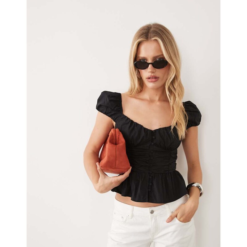 Nobodys Child Caia cotton puff cap sleeve ruffle hem top in