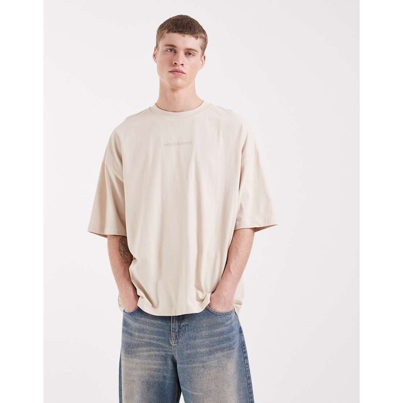 ASOS DESIGN oversized t-shirt with text graphic in beige-Neutral