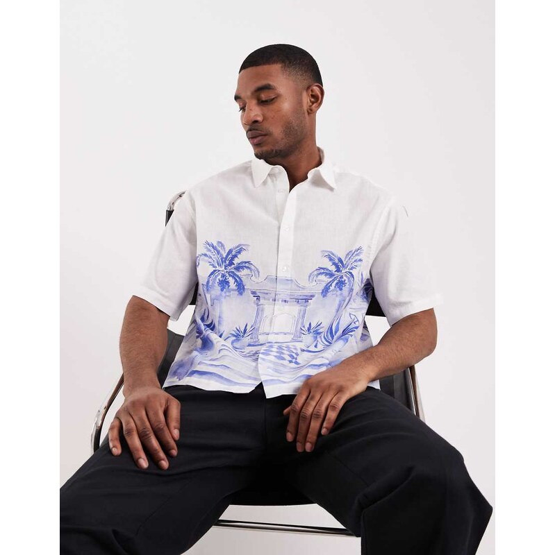 ASOS DESIGN boxy oversized shirt with linen and placement print