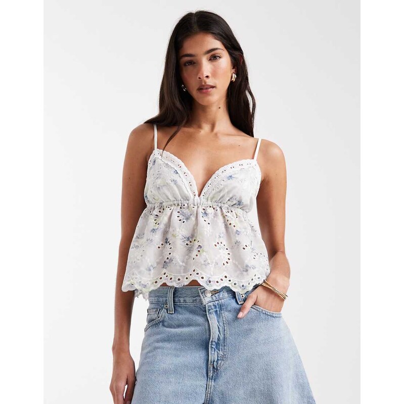Daisy Street boho blouse with cutwork detailing in blue floral-Multi 115409215