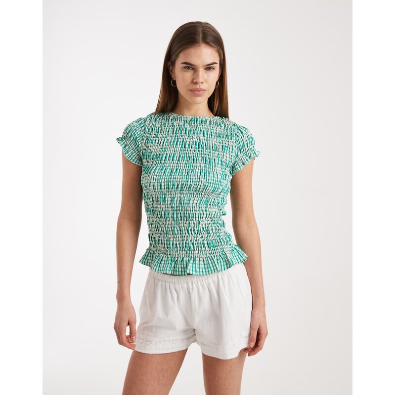Daisy Street shirred short sleeve top in teal check-Blue 115409224