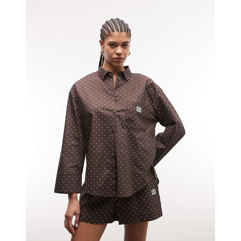 Noisy May oversized shirt co-ord in chocolate polka-Brown
