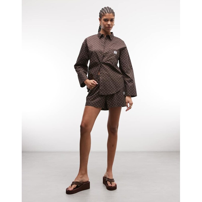Noisy May oversized shirt co-ord in chocolate polka-Brown