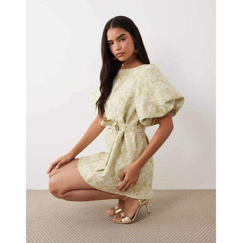 Vila short sleeve tapestry floral jacquard mini dress in smoke