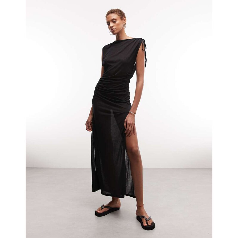 Weekday sheer slash neck maxi dress with ruched side detail in black 115409248
